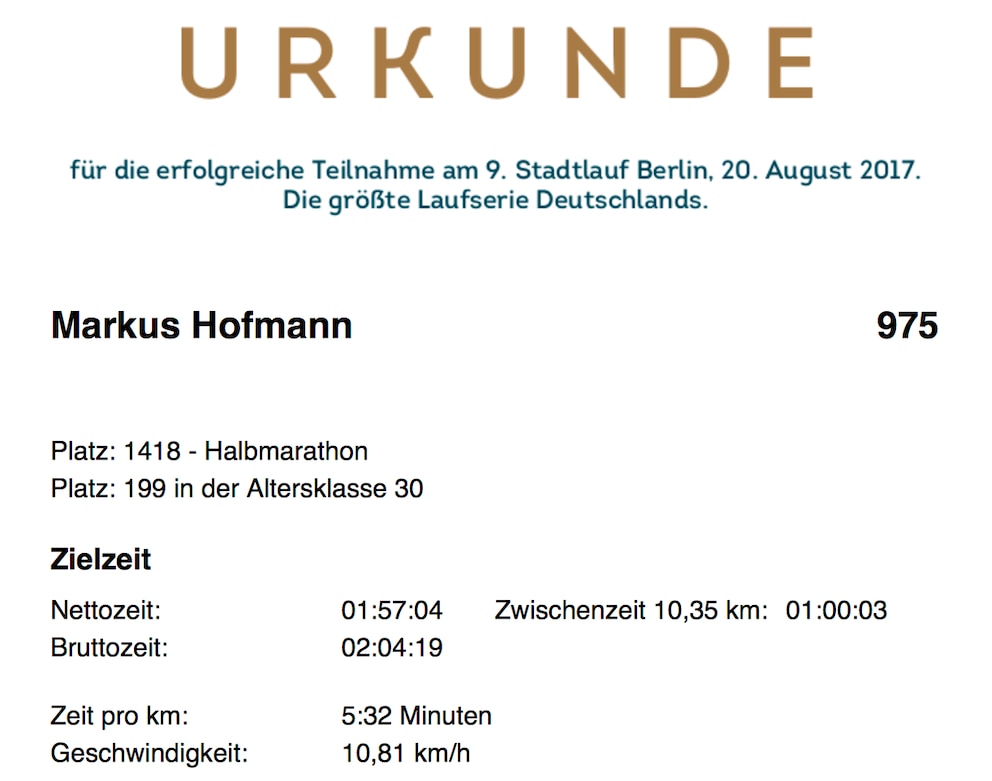 Urkunde vom Halbmarathon