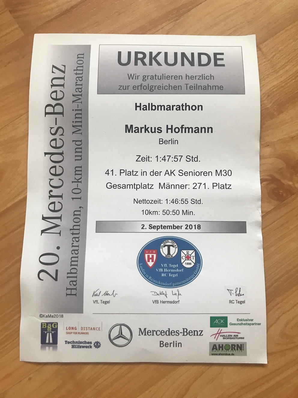 Urkunde vom Halbmarathon von Markus Hofmann