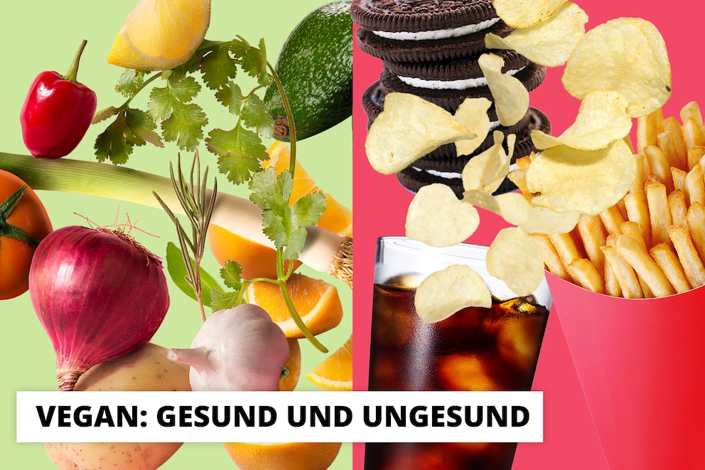  Alle abgebildeten Lebensmittel sind vegan – aber nicht automatisch gesund!