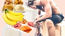 Collage aus einem erschöpften Sportler und verschiedenen Lebensmitteln