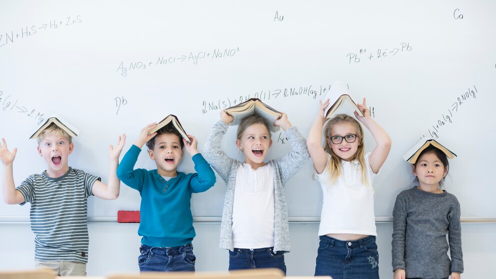 Fröhliche Mädchen und Jungen stehen vor einer Tafel, halten sich jeweils ein aufgeschlagenes Buch über den Kopf