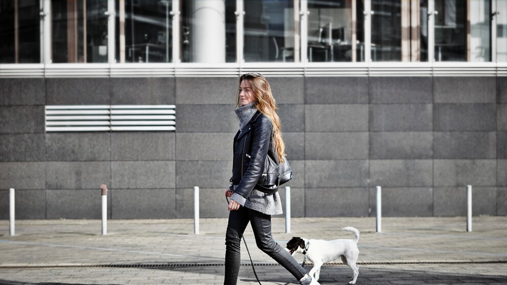 Frau läuft mit ihrem Hund