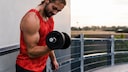 Junger Mann trainiert mit Dumbbell