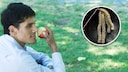 Mann isst Apfel, daneben Birkenpollen
