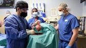 schweineherz transplantiert: Arzt hält Schweinherz vor Transplantation in Menschen in der Hand