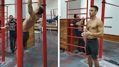 weltrekord muscle-ups: Maksim Trukhonovets während und vor der Übung