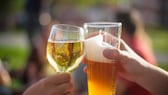 alkohol gehirn: Zwei Leute stoßen mit Wein und Bier an