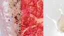 Collage aus Hühnerfleisch, Rindfleisch, Milch