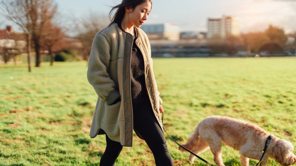spaziergang morgen gesund: Junge Frau geht mit ihrem Hund spazieren