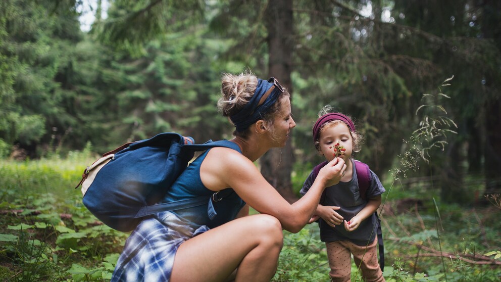 kinder giftige pflanzen: Mutter mit Kind im Wald