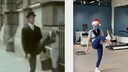 Monty Pythons John Cleese beim „Teabag Walk“. Studienteilnehmer ahmt die Bewegung nach.