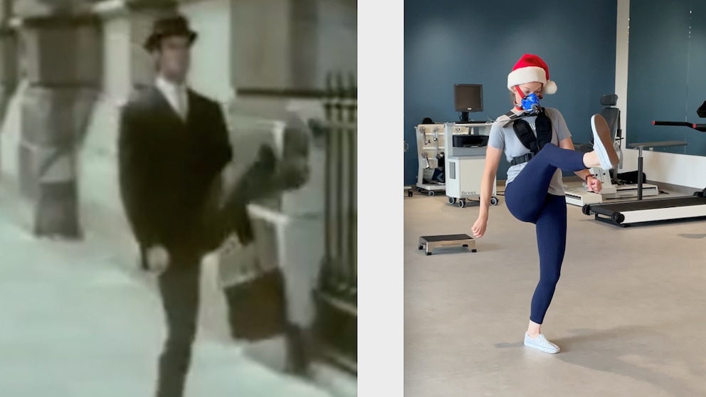 Monty Pythons John Cleese beim „Teabag Walk“. Studienteilnehmer ahmt die Bewegung nach.