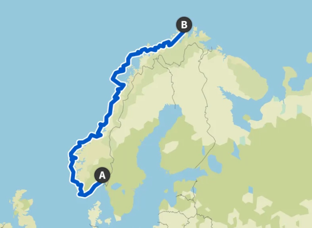 Route mit dem Rad durch Norwegen