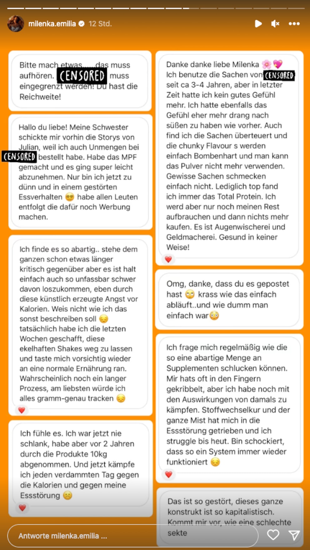 Bei der Influencerin Milena Reszka melden sich viele Betroffene in den DM's zu Wort. Den Markennamen hat sie zensiert.