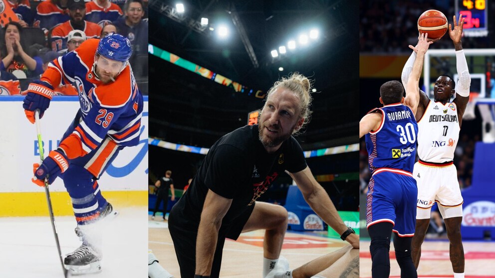 Athletik-Trainer Arne Greskowiak (M.) macht deutsche Weltstars wie Eishockeyspieler Leon Draisaitl (l.) und Basketballer Dennis Schröder (r.) fit