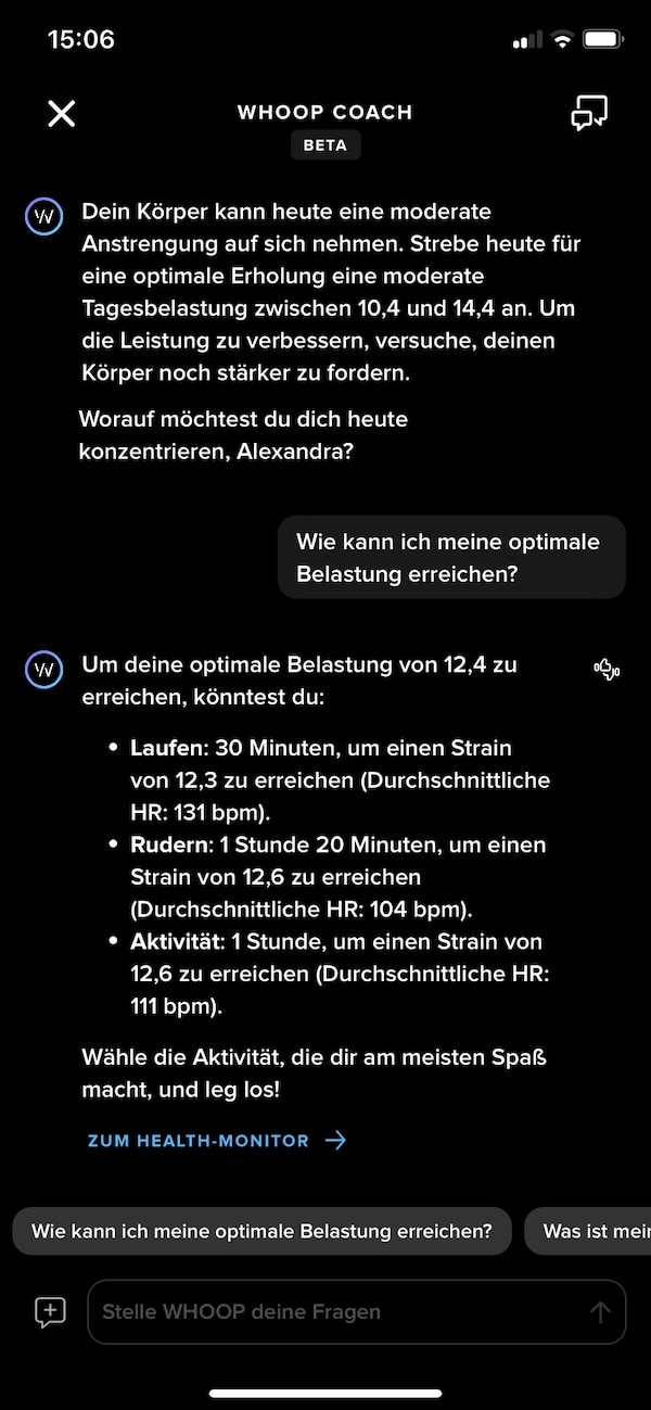 Whoop 4.0 Erfahrung: Chat mit dem KI-Coach