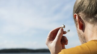 Mann mit einem Hörgerät in der Hand am Strand