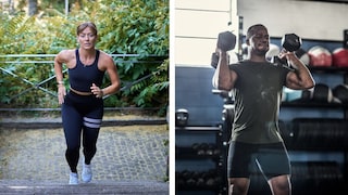 Cardio oder Krafttraining für die Fettverbrennung: Laufende Frau, Mann beim Hanteltraining