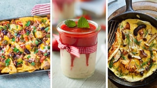 Chili sin Carne mit Tortilla-Topping, Erdbeer-Vanille-Quarkcreme und Omelett mit Pfifferlingen (Symbolbilder)