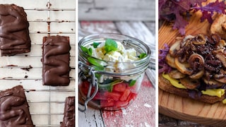 Proteinriegel „Schoko-Mandel“, Feldsalat mit Feta und Grilled-Mushroom-Sandwich (Symbolbilder)