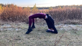 Yogalehrerin und FITBOOK-Expertin Nina Ponath in der Unterarm-Variante des Rads