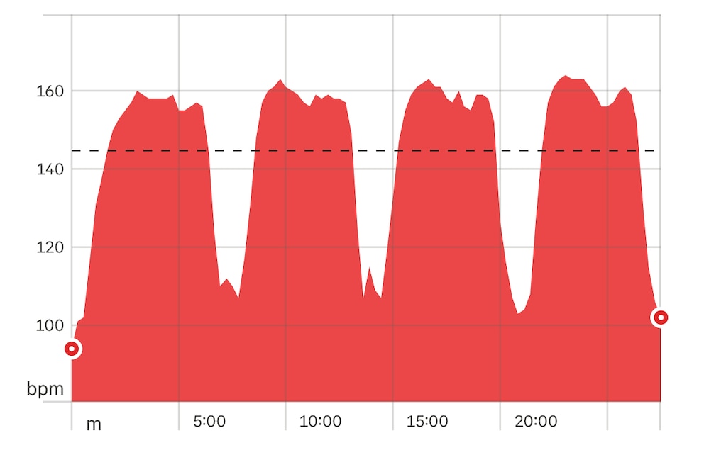 Screenshot von Nuno Alves' Herzfrequenz während des Intervalltrainings nach dem Norwegian Protocoll