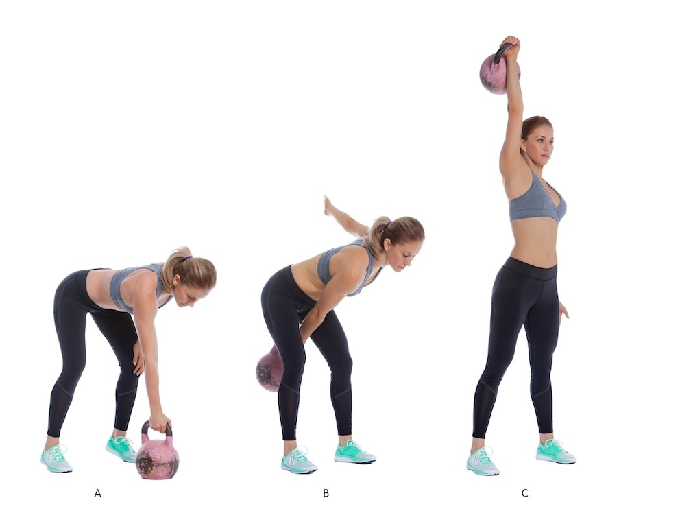 Explosiver H&uuml;ftschwung, die Kettlebell eng am K&ouml;rper gef&uuml;hrt und am Ende sicher &uuml;ber dem Kopf fixiert.