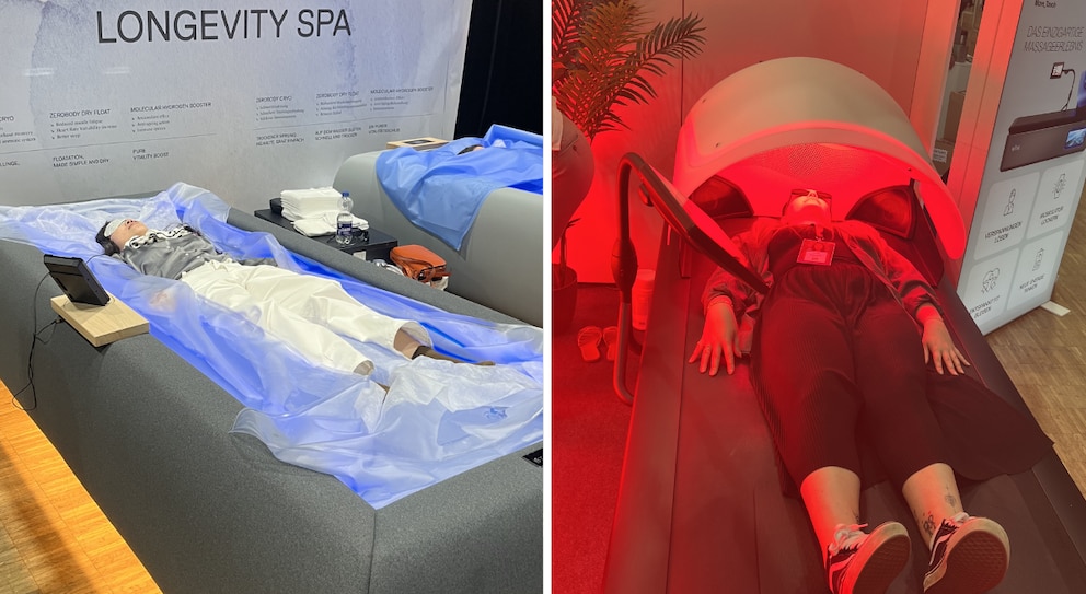 Links: &bdquo;Dry Floating&ldquo;; rechts: &Uuml;berwassermassage mit Infrarot.