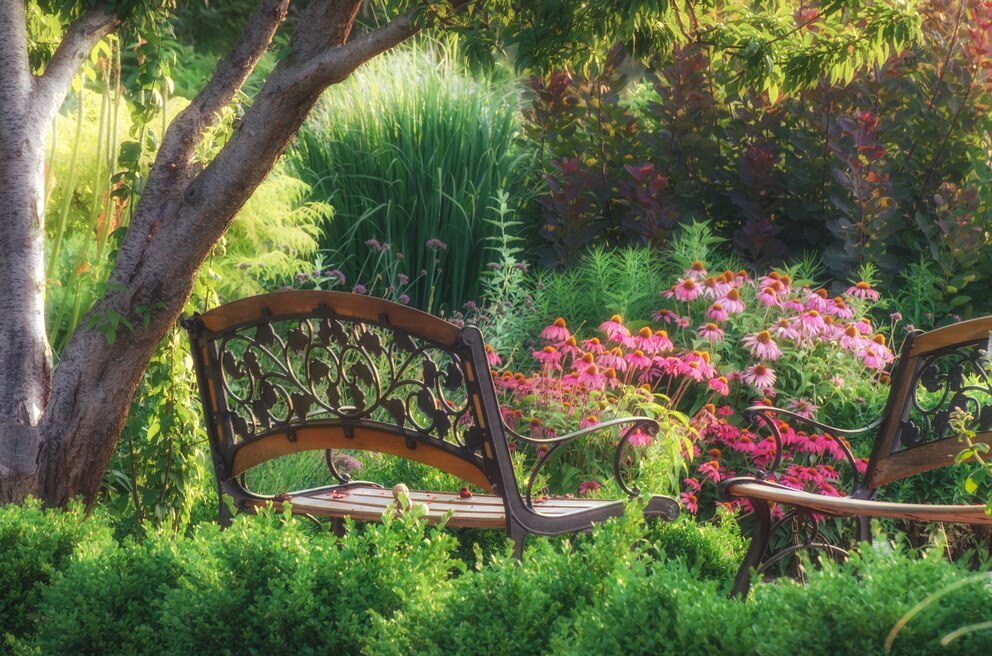 Im Garten steht eine Gartenband aus Metall und Holz zwischen blühenden Blumen