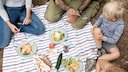 Eine Familie sitzt auf einer Wiese beim Picknick