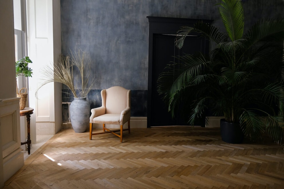 Large palm in a living room with an armchair and cabinet