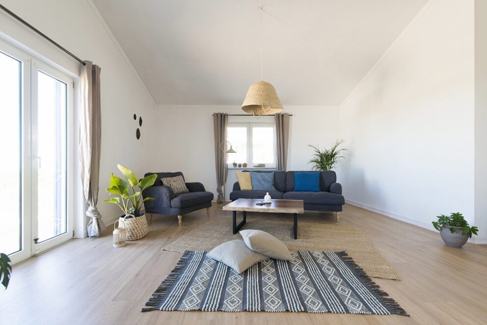 Equal in size but different in style are this blue-and-white kilim and the natural-colored sisal rug