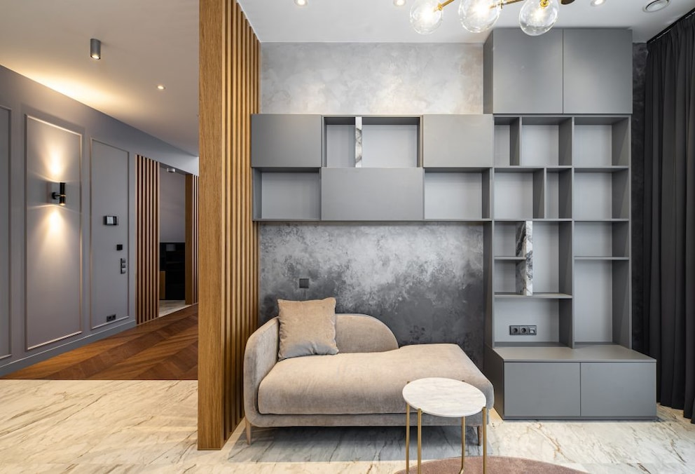 Gray, individual shelf-cabinet combination in an elegant living room setting