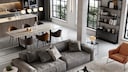 Ein frei stehendes Sofa in Grau