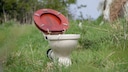 Toilette mit offenem Deckel in der Natur