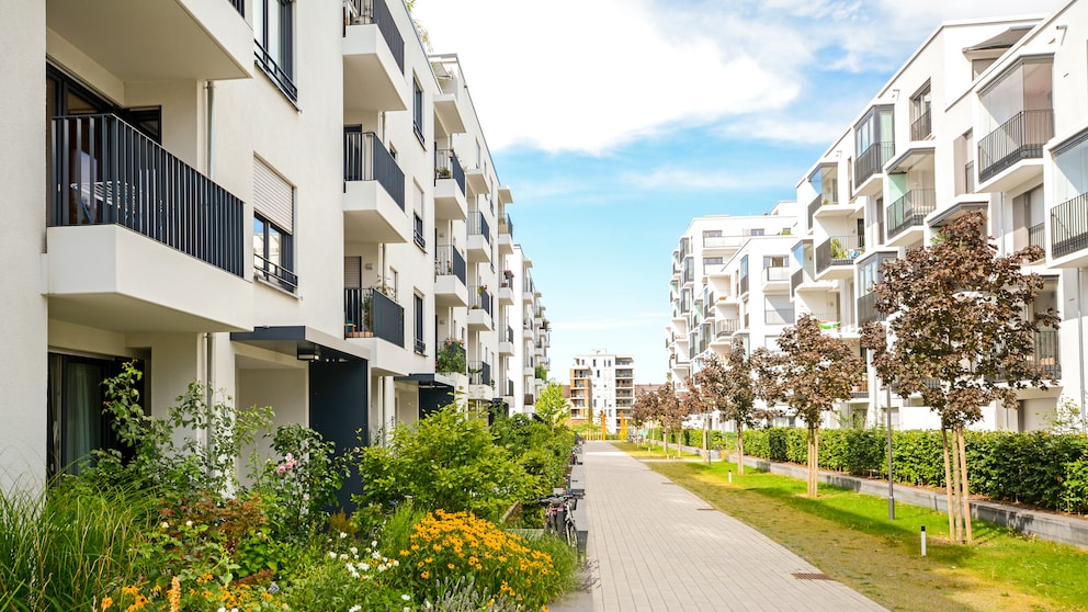 Eine Allee zwischen Mehrfamilienhäusern