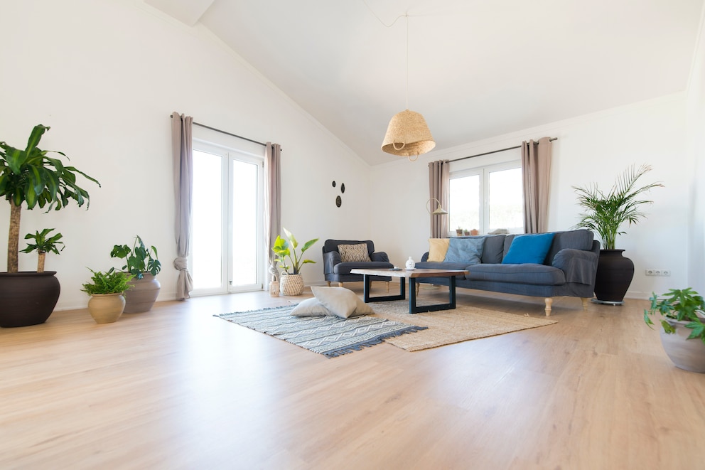 Ein Wohnzimmer mit Laminatboden und Teppichen in Layering-Technik ausgelegt