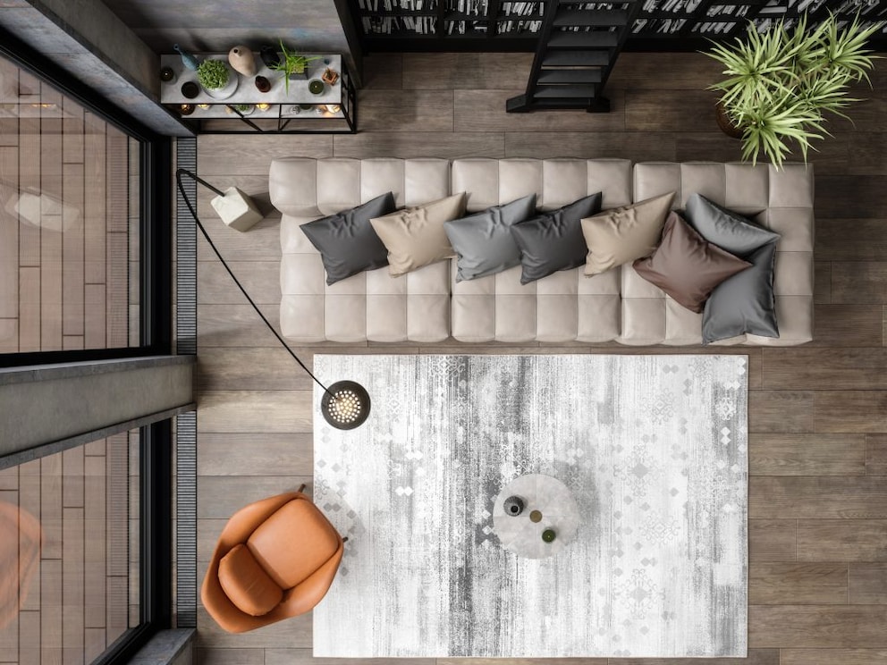 Top view of a living area where the seating area is the focus
