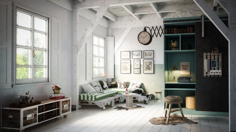 Open living room with individual pieces of furniture that are large and tall