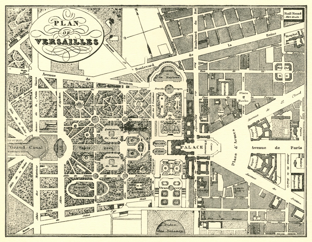 Vorbild für die Gartenkunst im Barockstil sind bis heute die Gärten von Versailles. Der alte Plan aus dem 19. Jahrhundert verdeutlicht die Komplexität des Aufbaus