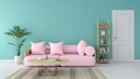 Rosa Sofa vor türkiser Wand