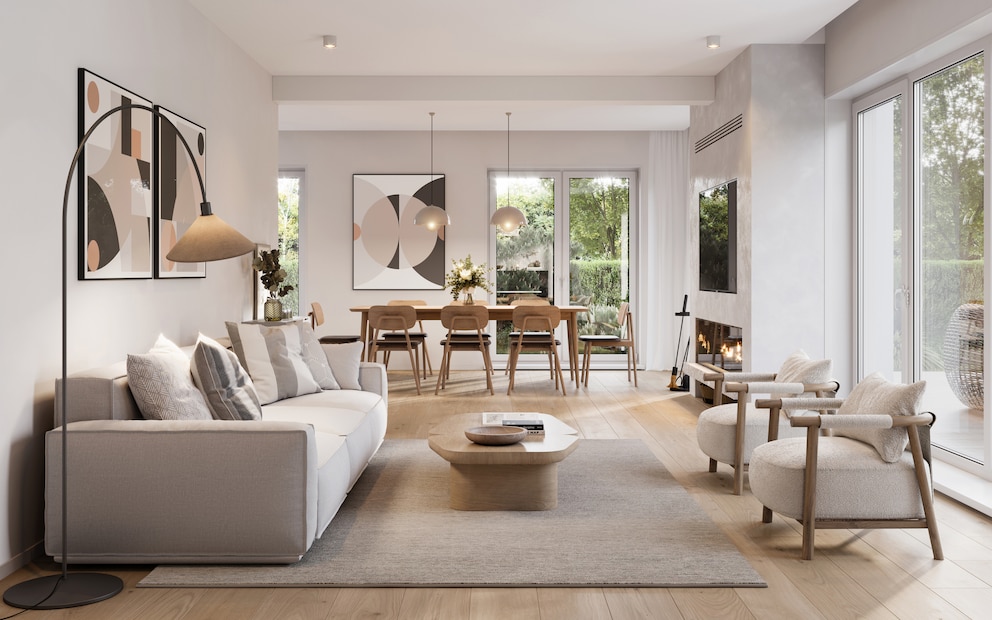 Modernes Wohnzimmer in gediegenen Farben wie Beige, Greige und Grau