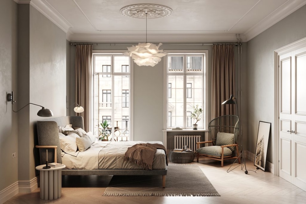 Modern bedroom in country style with headboard bed and lounge chair in the corner