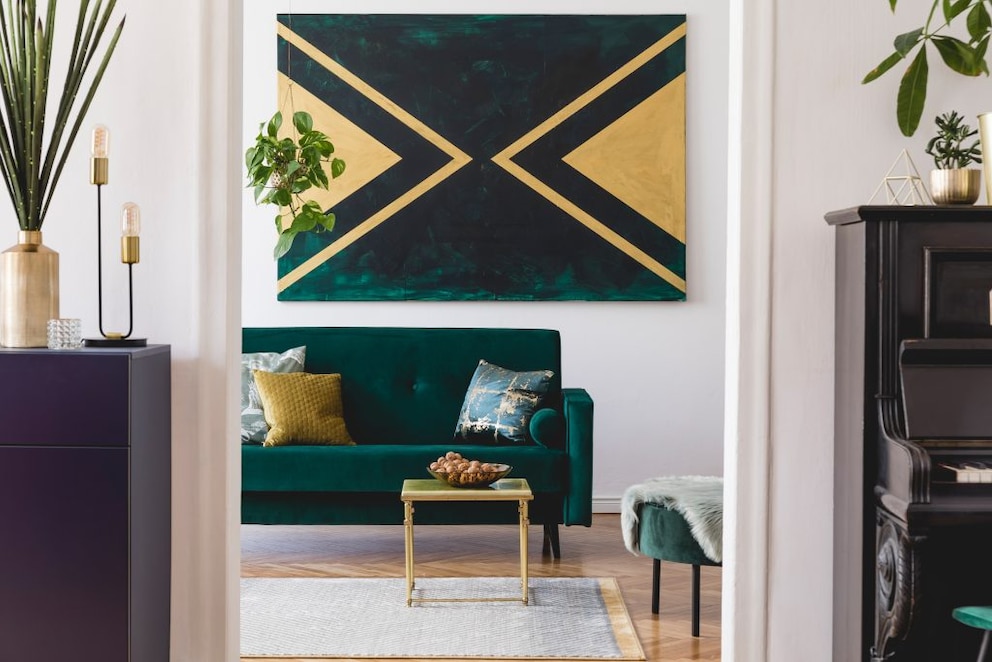 Velvet sofa and large-scale pattern on wall art