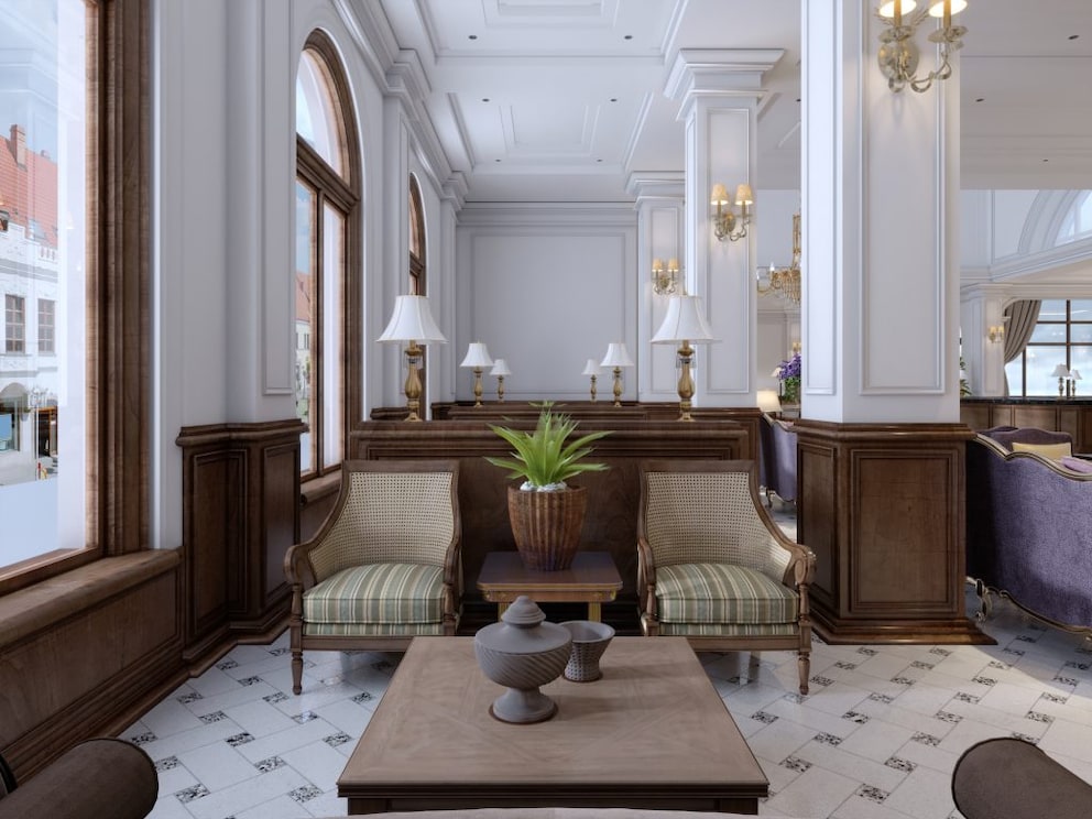 Antique-looking chairs in hotel lobby