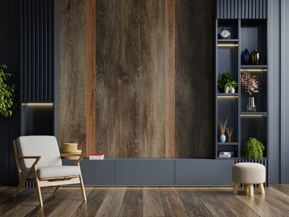 Large, dark shelf-cabinet combination in the living room