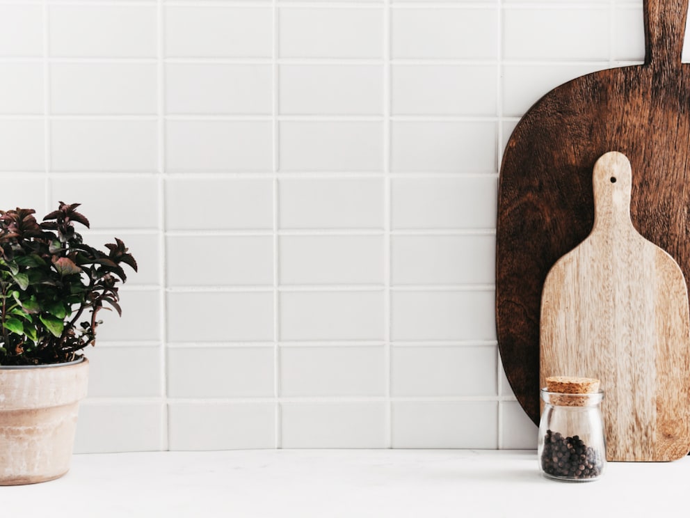 White tile backsplash in the kitchen