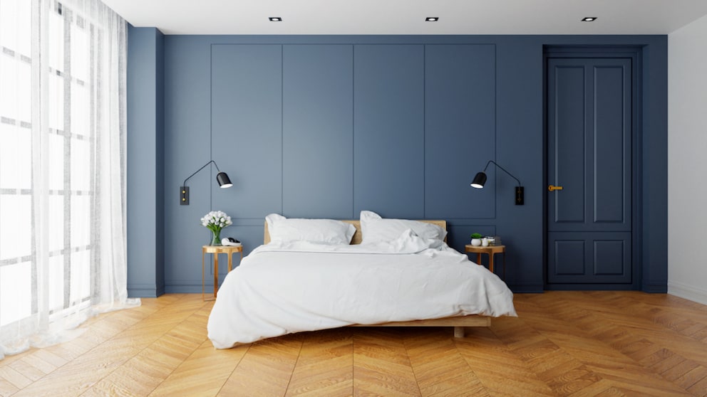 Dark blue behind the headboard