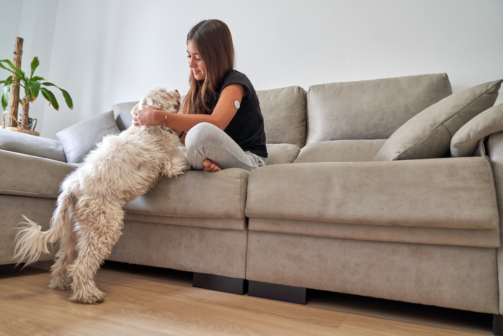 Kind und Hund auf hellem Sofa