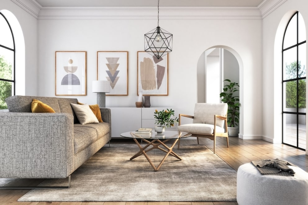 Living room in white, beige, and gray
